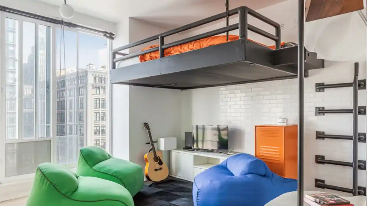 Electric Industrial Pop Loft – Suspended Sleeping That Frees the Floor for Fun