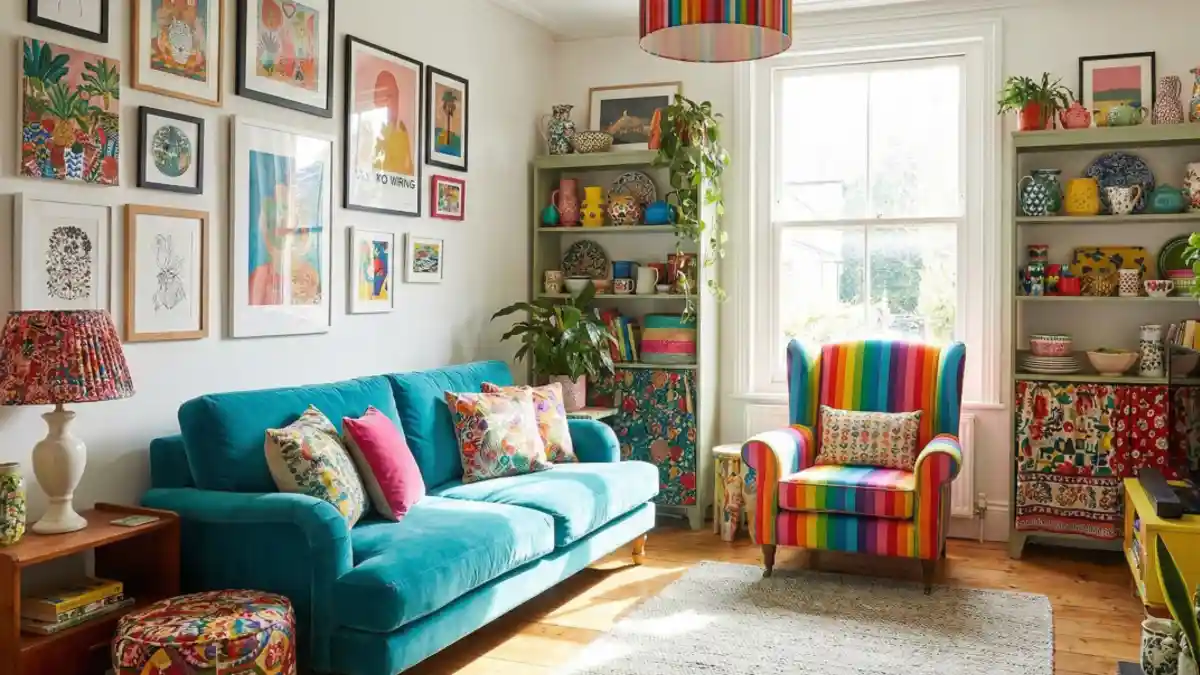 Electric Teal and Rainbow Maximalist Living Room – Infusing Pure Joy into a Small Space