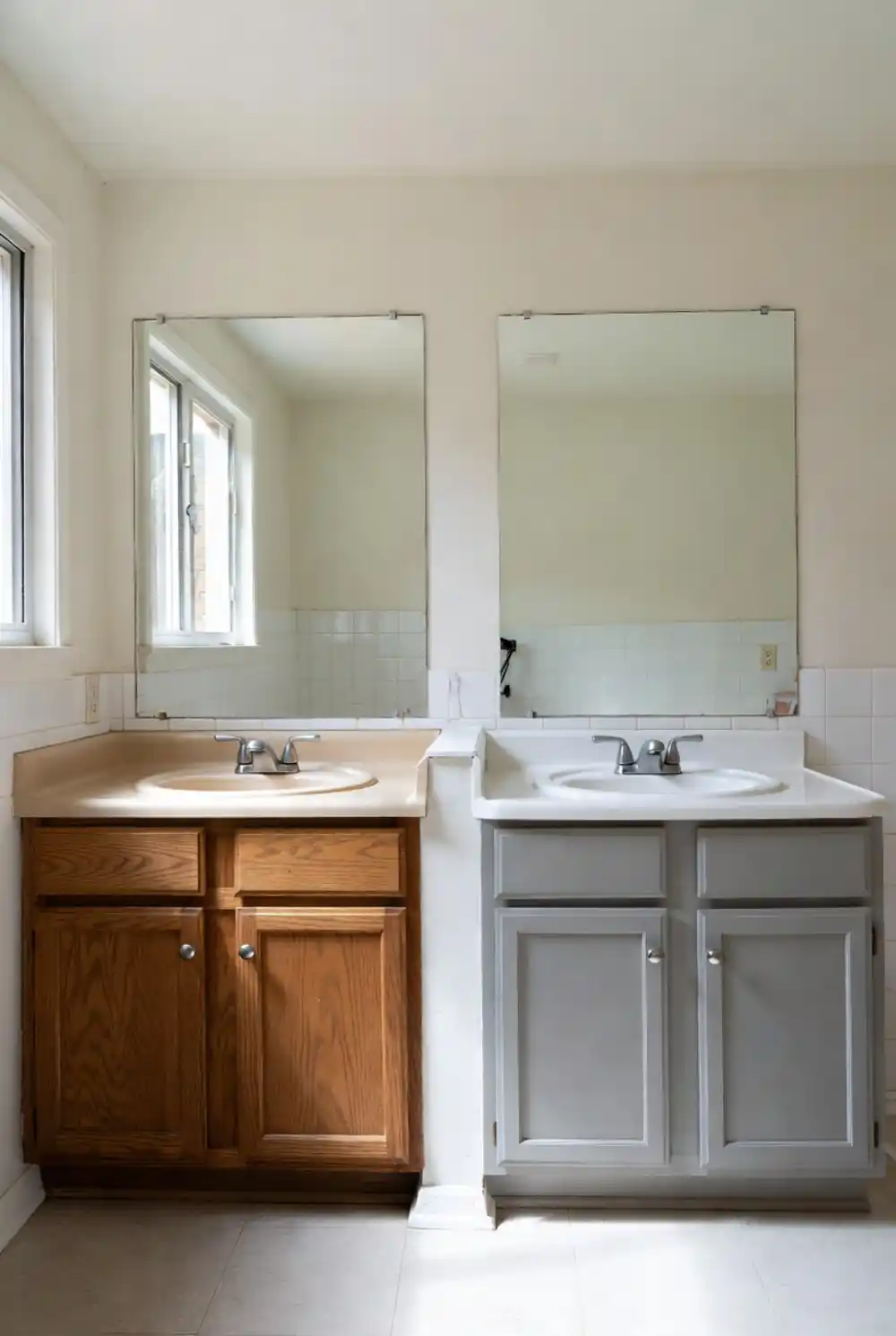 Foggy Grey and Crisp White Bathroom – Modern Simplicity for Busy Mornings