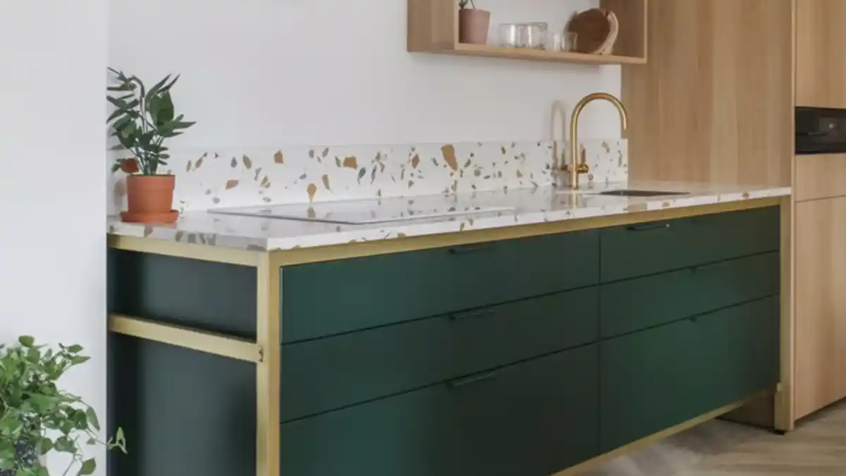 Forest Green & Gold Minimalist Kitchen – Elevating Basics with Terrazzo Backsplashes