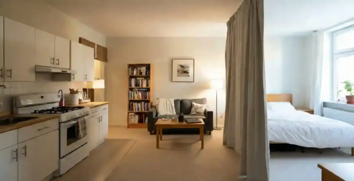 Geometric Cream and Wood Studio - Zoning with Screens and Curtains for Renter-Friendly Flow