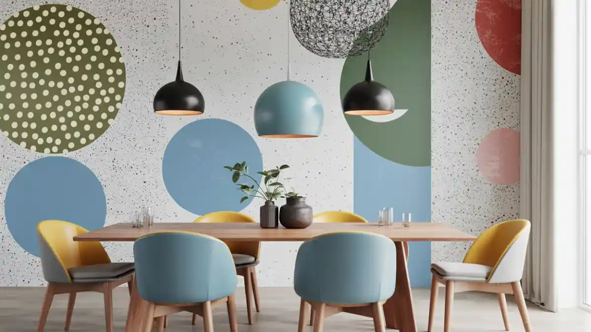 Geometric Pop & Pastel Dining Room – Making a Statement with Macro Terrazzo Walls