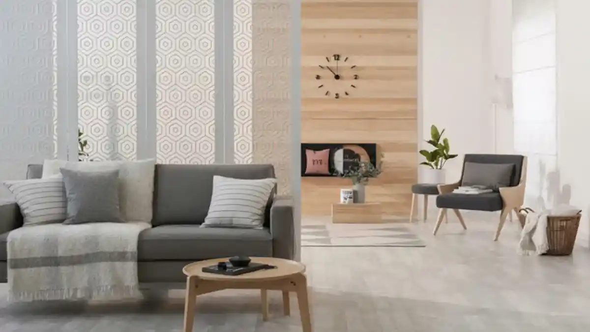 Geometric Scandi-Grey Living Room – Airy Zoning with Patterned Panels