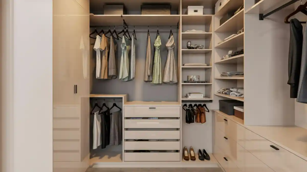 Glossy Beige & Modern Lines – Elevating Storage for a Seamless Cloffice Transition