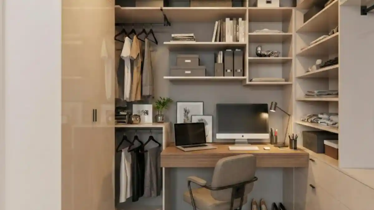 Glossy Beige & Modern Lines – Elevating Storage for a Seamless Cloffice Transition