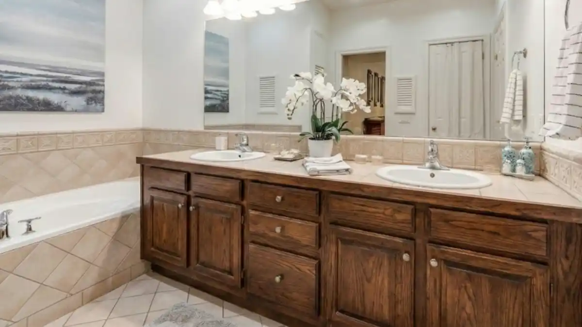 Golden Oak Blank Canvas Bathroom - A Prime Candidate for a Moody Charcoal Refresh