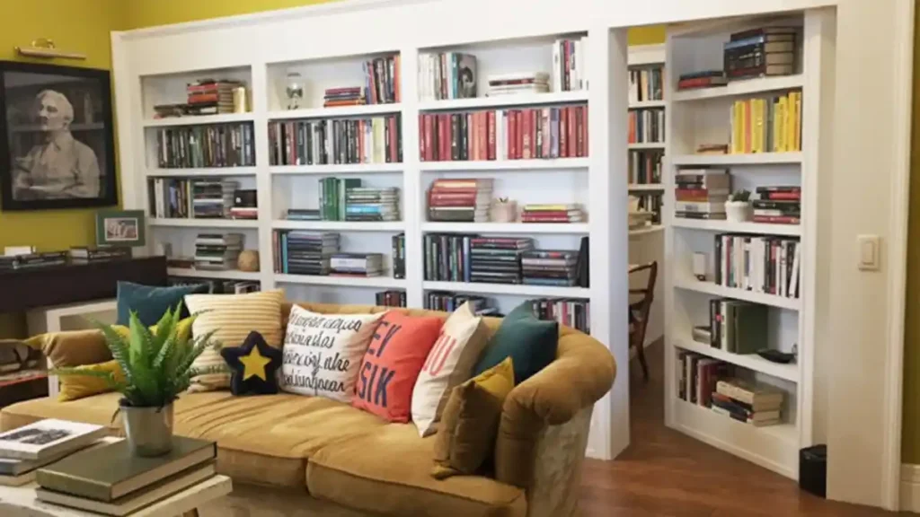 Golden Velvet & White Library Lounge – A Classic Bookcase Door Reveal