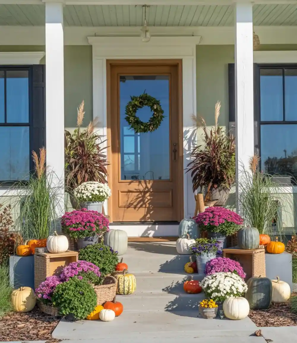 Harvest Jewel Tones Front Porch – Symmetrical Autumn Abundance