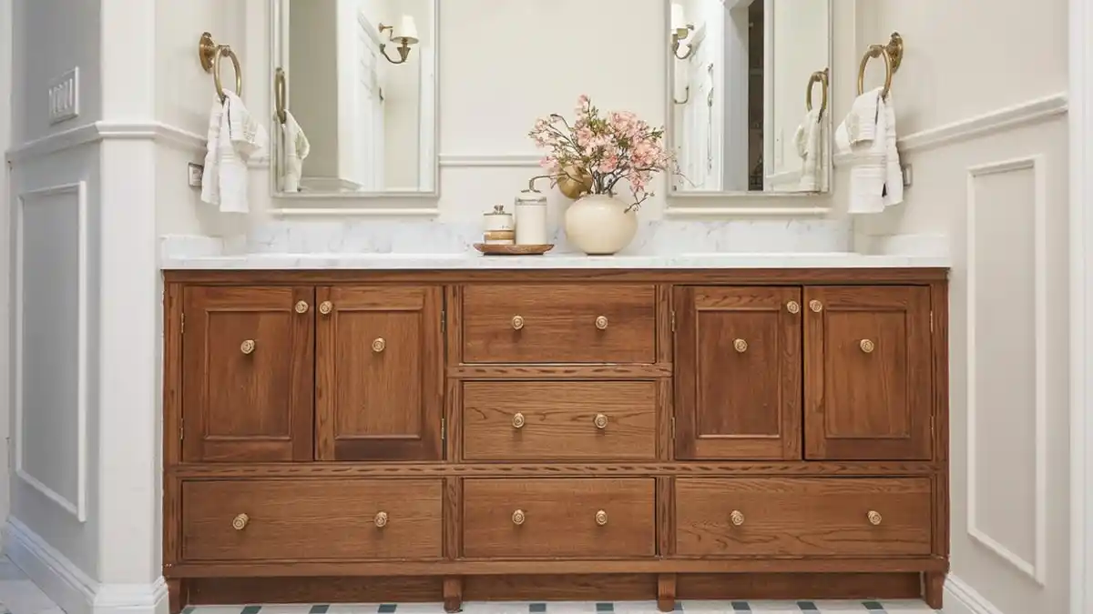 Honey-Toned Heritage Bathroom – Embracing Natural Grain Amidst a Painted World