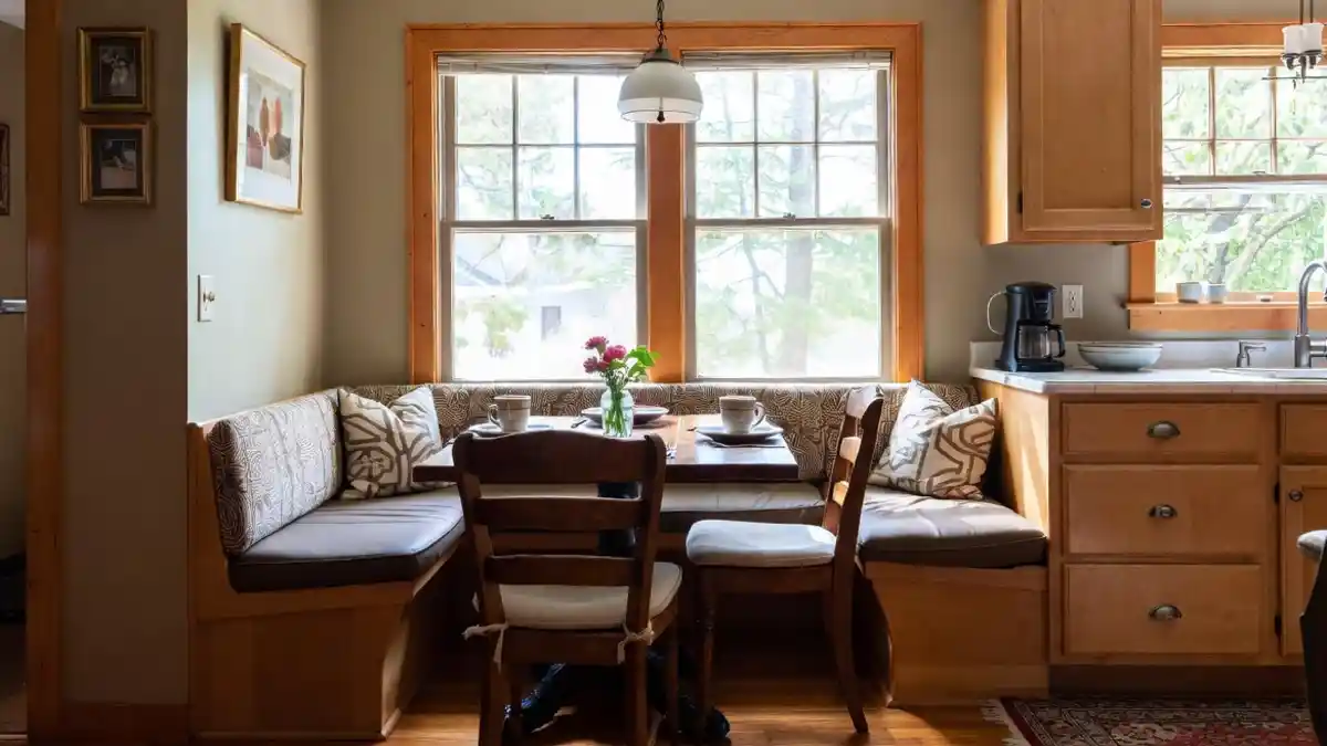 Honey-Toned Wood and Earthy Neutral Banquette – Embracing Warmth in Corner Spaces