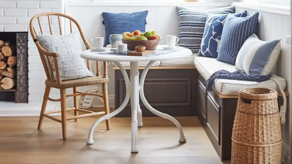 Indigo and Rattan Retreat – A Coastal Farmhouse Banquette with Built-In Functionality