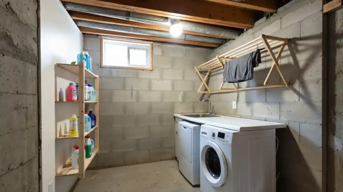 Industrial White and Raw Wood Laundry Station – Maximizing Minimalism in a Concrete Setting