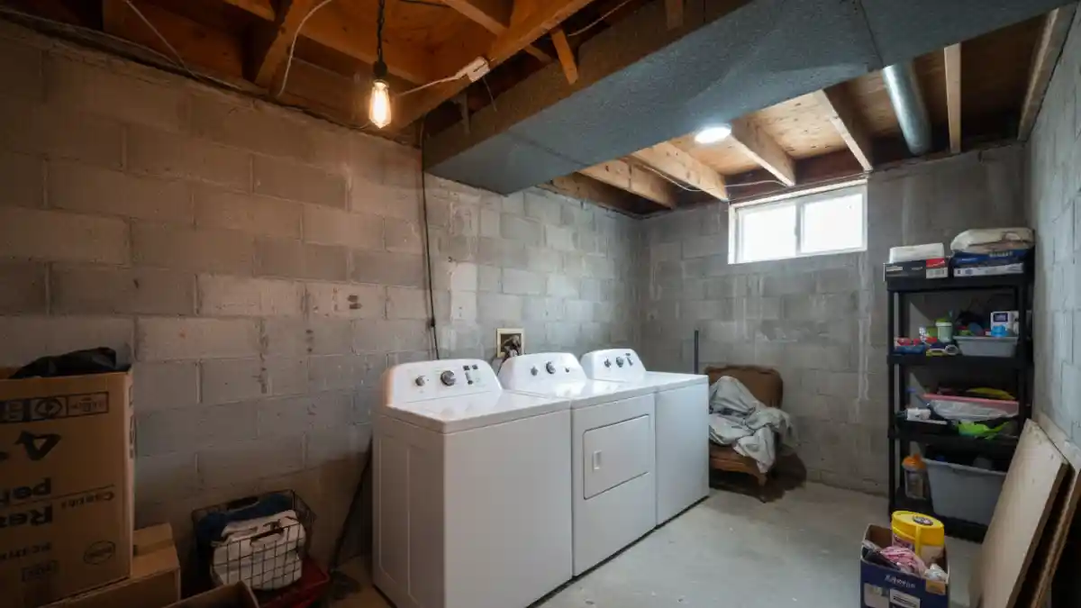  Industrial Wood and Crisp White Laundry Hub – Entertainment Meets Efficiency in a Semi-Finished Space