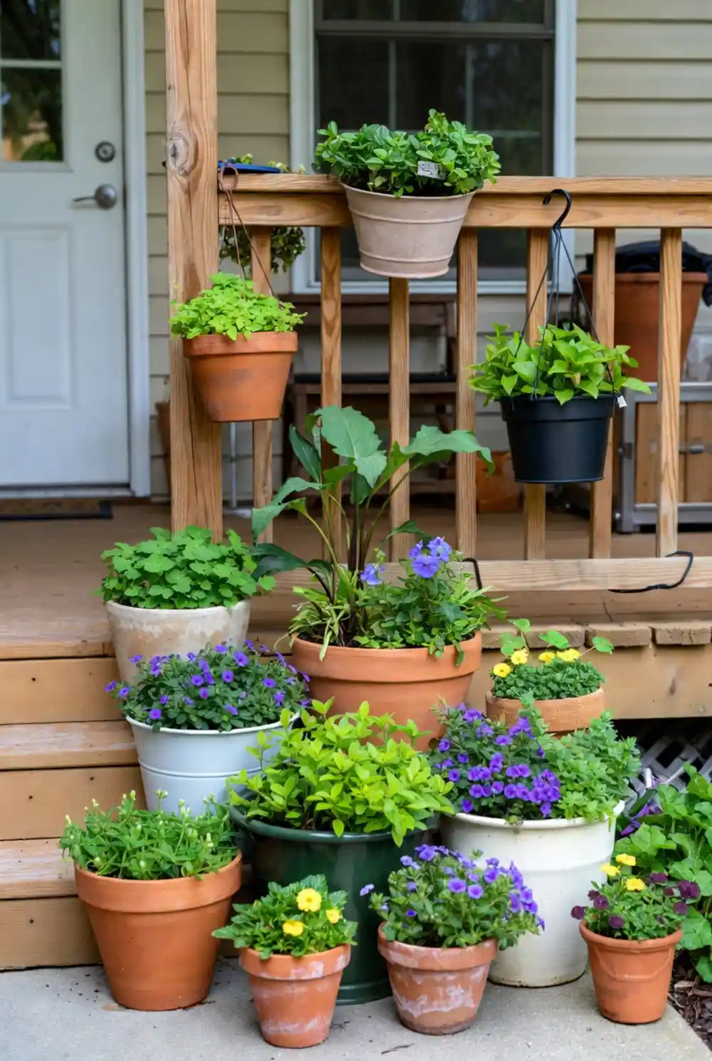 Lime and Violet Cascade Porch – Vertical Railing Garden Styling