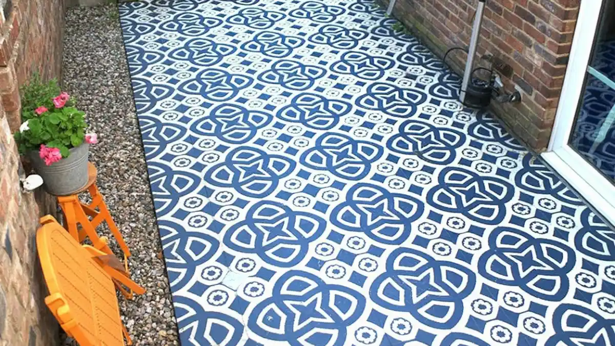 Mediterranean Cobalt Courtyard – A Faux-Tile Escape for Urban Patios