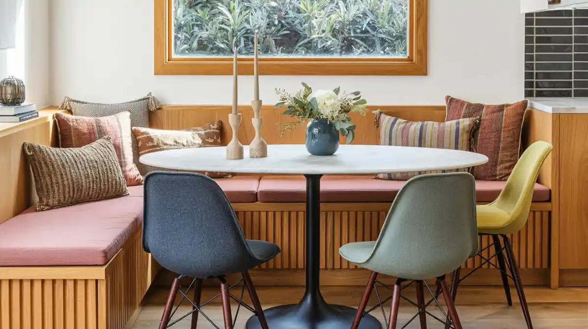 Mid-Century Earth Tones & Slatted Wood Nook - A Retro Twist on Corner Comfort