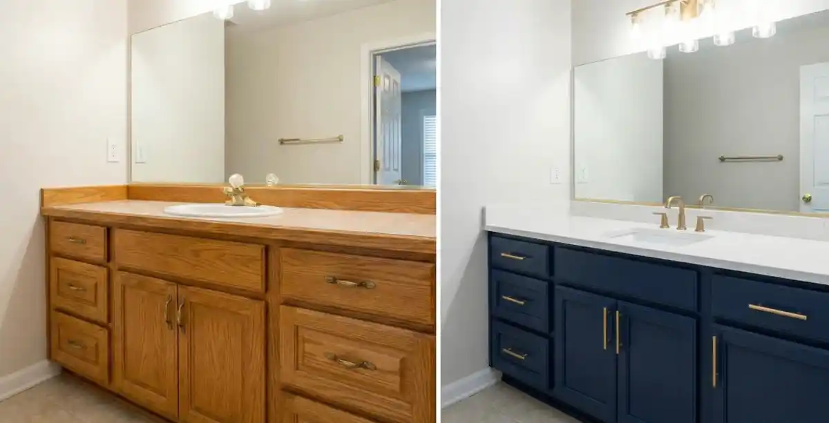 Midnight Blue and Gold Revival Bathroom – A Bold Departure from Builder Beige