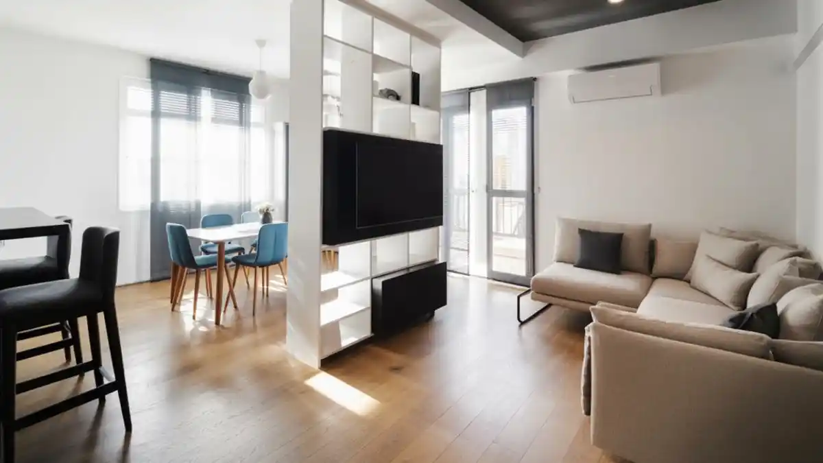 Multifunctional furniture anchors the room: Strategic placement of the central white shelving unit immediately creates a phantom hallway and two distinct rooms out of a single floor plan. Instead of building a permanent wall, a robust floor-to-ceiling cabinet effectively separates the dining area from the lounge while doubling as a media center. Renters benefit immensely from using heavy-duty furniture to dictate the layout, providing a stable place to mount a TV and stash electronics without altering the physical structure of the apartment.Open shelving preserves natural light: Keeping the visual weight light is crucial in smaller footprints to avoid feeling closed in. Upper cubbies in the divider feature an open-back design, allowing sunshine from the large dining windows to filter through to the sofa area. Airiness remains the priority here, ensuring that while the zones are functionally separate, the atmosphere stays connected, bright, and welcoming rather than boxy or dark.Color contrast defines the mood: High-contrast elements ground the airy atmosphere and further distinguish the zones. Crisp white cabinetry pops against the dark, moody ceiling and warm wood flooring, acting as a visual palette cleanser between the teal dining chairs and the soft beige sectional. Using a neutral, architectural piece as the divider allows the personality of each specific "zone" to shine through its own decor choices.