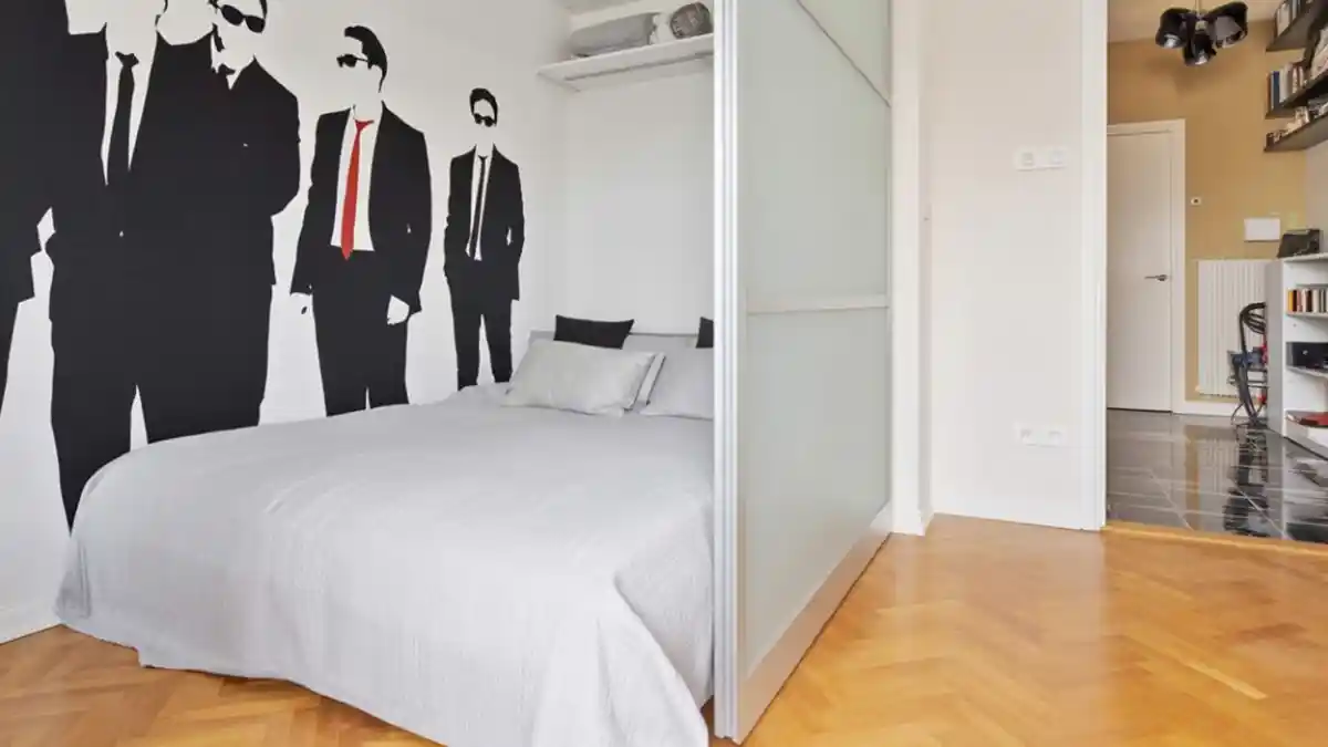 Monochromatic Pop Art Bedroom Nook - Zoning with Sleek Frosted Sliding Panels