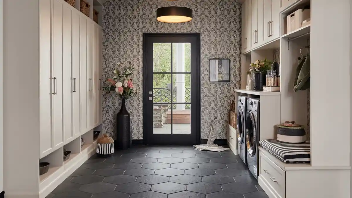 Monochrome Patterned Elegance Mudroom – Maximizing Style in Galley Drop Zones