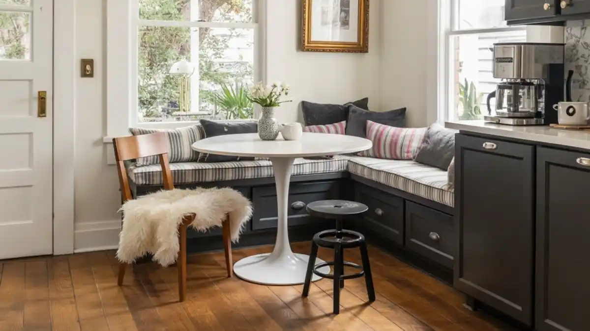 Moody Sage and Brass Bistro Nook – Elevating the Corner Banquette