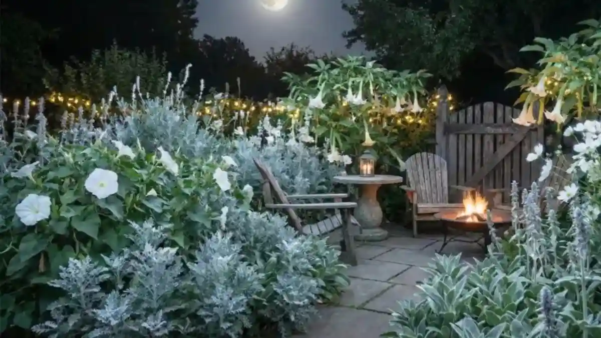 Moonlit Silver and Trumpet Vine Walkway – A Secret Garden Gate for Night Owls