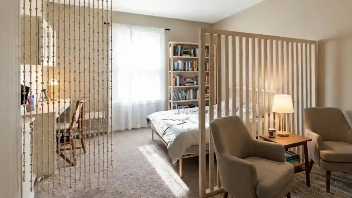 Natural Wood Slats and Beaded Boho Divider - Defining a Serene Sleeping Nook
