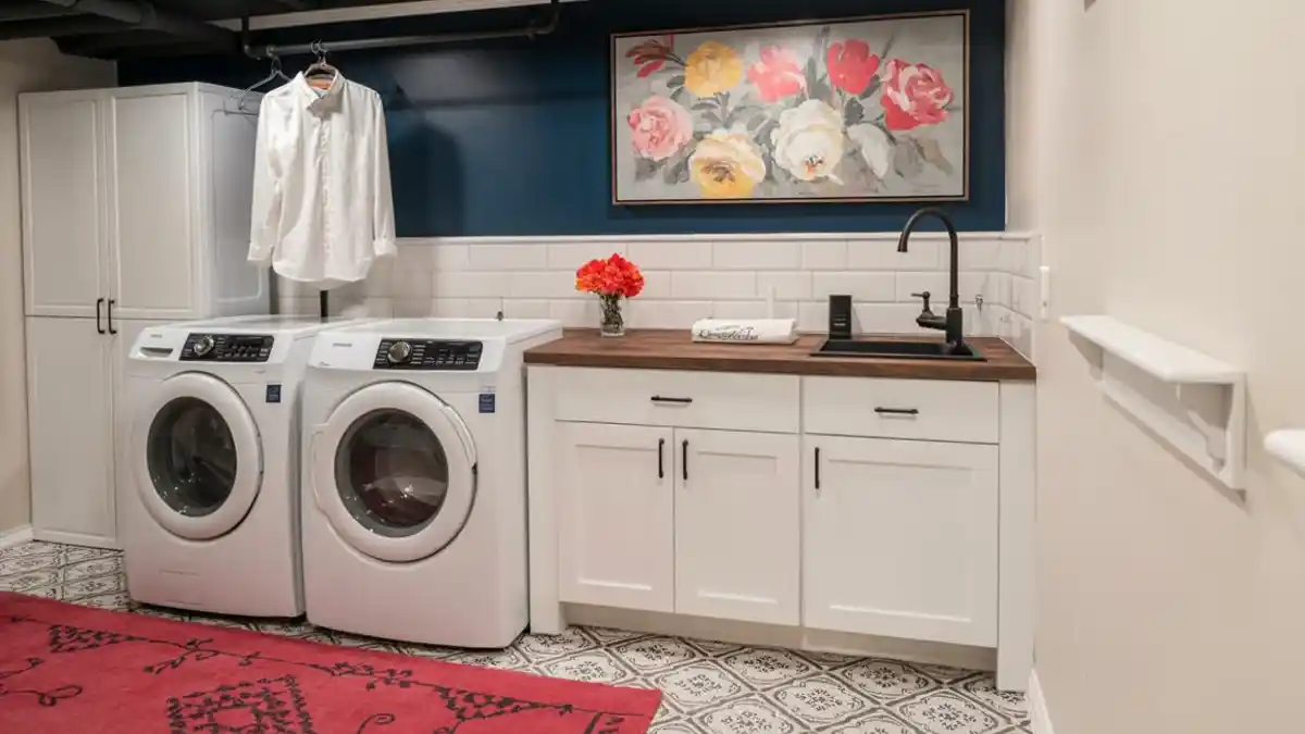 Navy Blue and Wood Industrial Laundry – Polished Basement Style