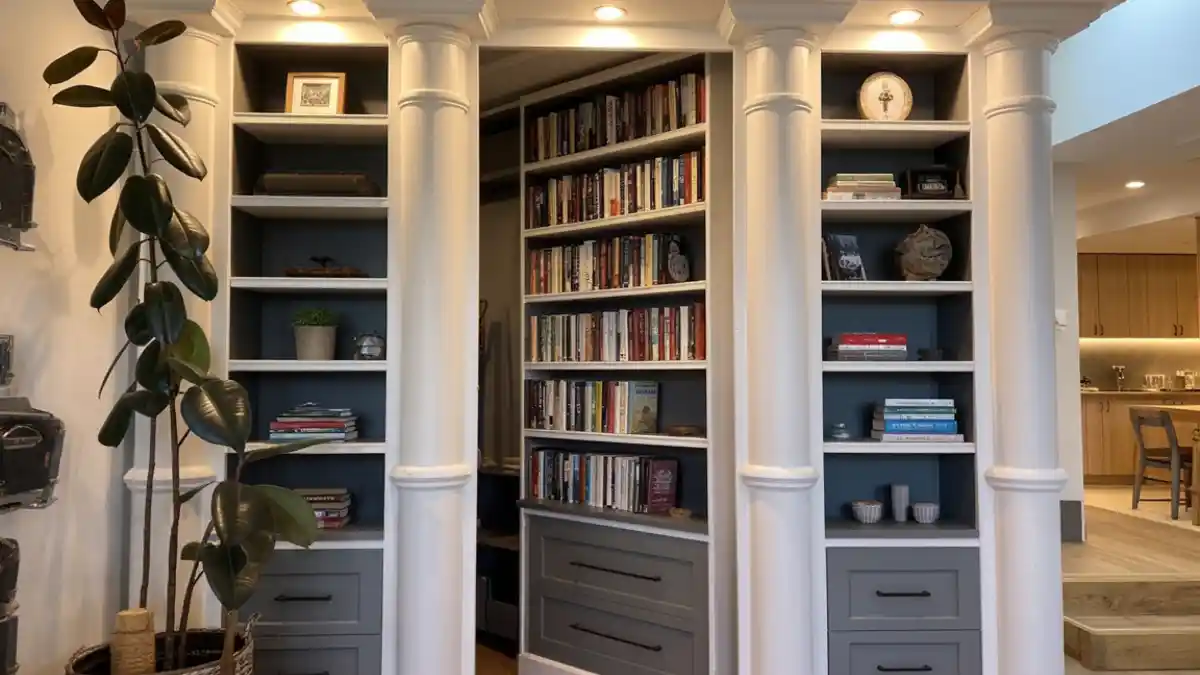 Neoclassical Charcoal & White Pivot Library – A Secret Bookcase Door for Private Escapes