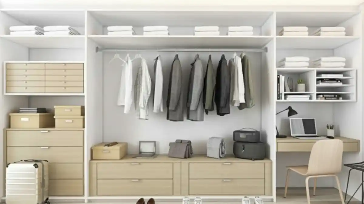 Soft Blush & Crystal Luxury Walk-In – A Spacious Canvas for the Ultimate Cloffice Retreat