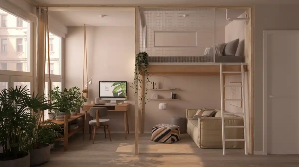 Nordic Wood & White Loft Studio – Vertical Oasis with a Playful Indoor Swing