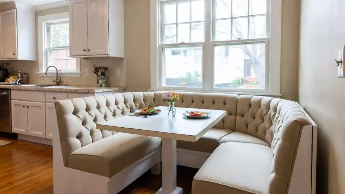 Oatmeal Tufted Elegance Breakfast Nook – Sophisticated Comfort in a Bright Corner