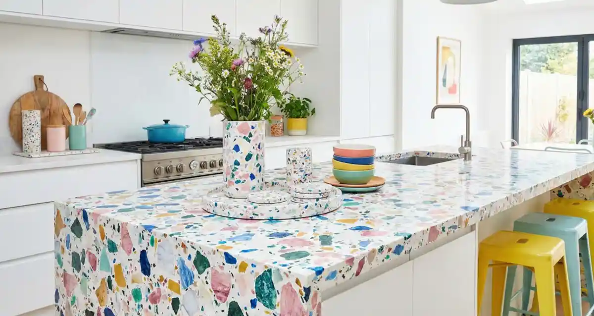 Playful Confetti Waterfall Island – A Bold Statement in Chunky Terrazzo