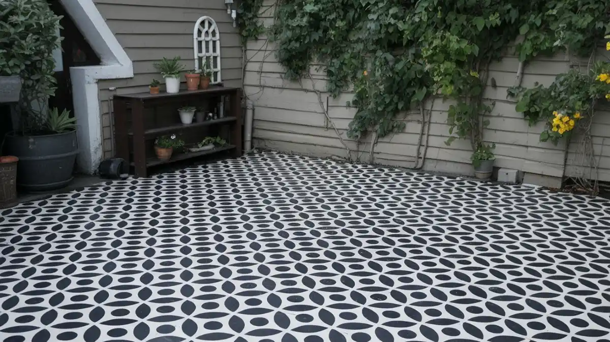 Retro-Mod Monochrome Courtyard – High-Contrast Stencil Makeover
