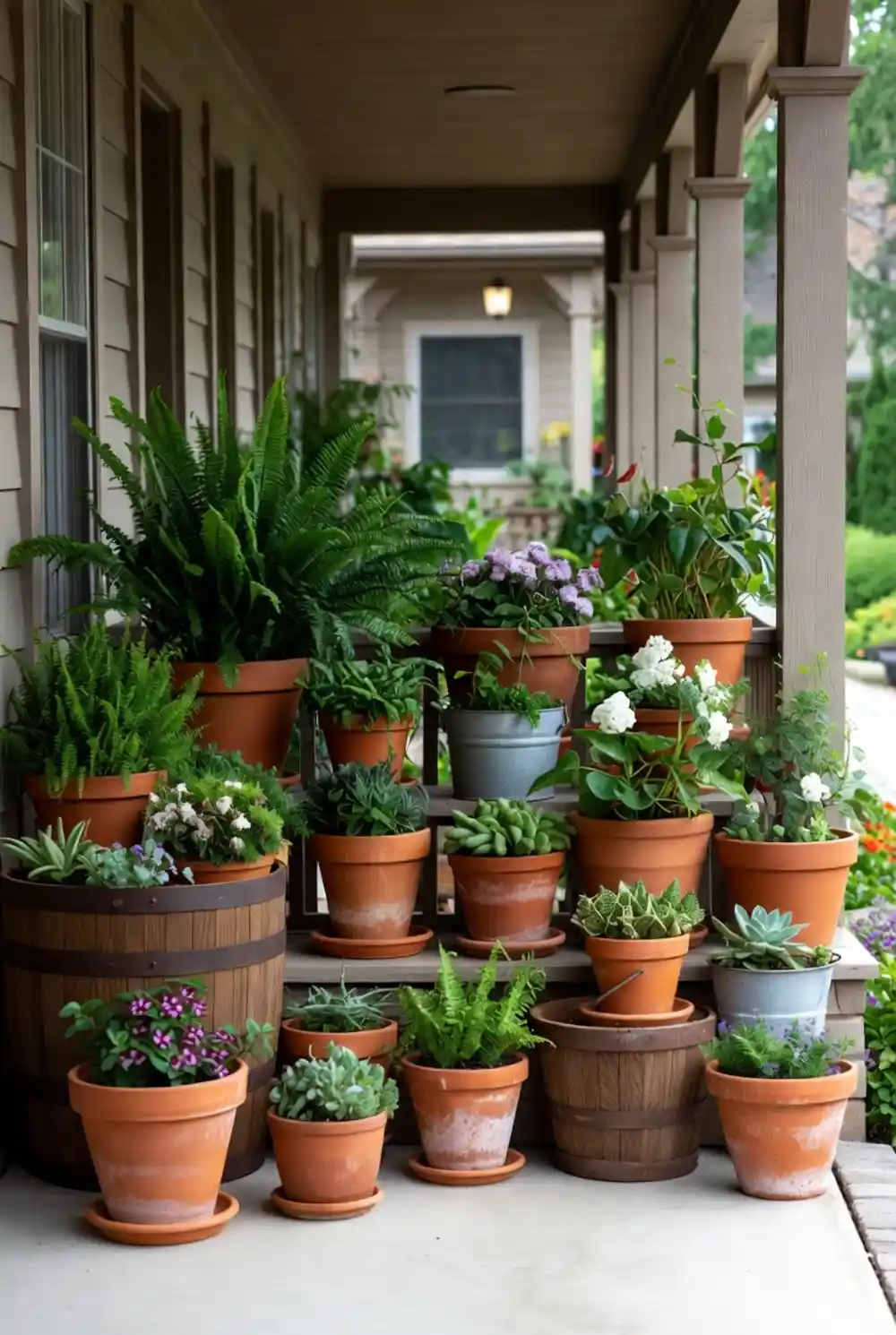 Rustic Barrel and Clay Cascade – Tiered Staircase Garden for Country Porches
