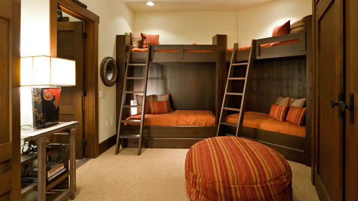 Rustic Dark Wood & Terra Cotta Quad Bunks – Custom Built-Ins That Redefine Shared Sleeping