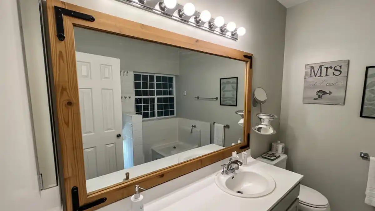 Rustic Industrial Warmth – A Wood and Metal Bathroom Mirror Makeover