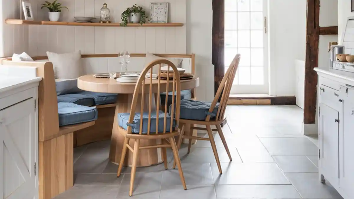 Rustic Oak and Soft Blue Curved Banquette – Maximizing Corners with Cottage Charm