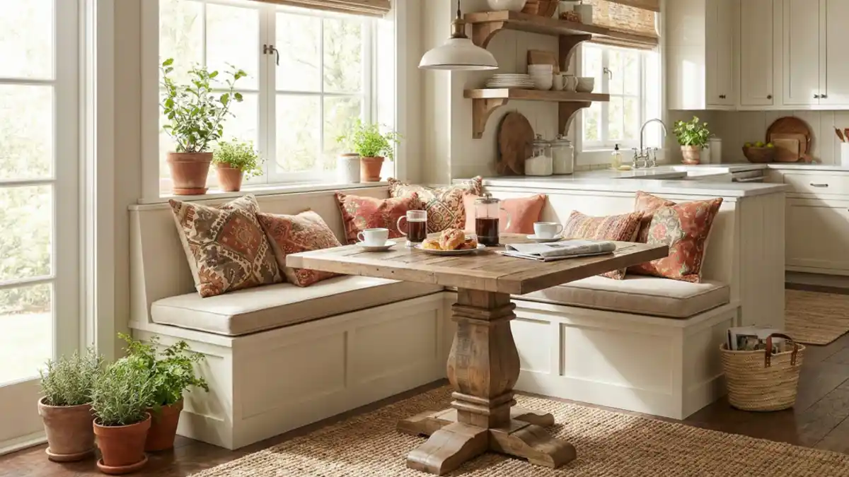 Rustic Warmth and Sun-Drenched Whites – A Farmhouse Banquette for Cozy Kitchen Corners