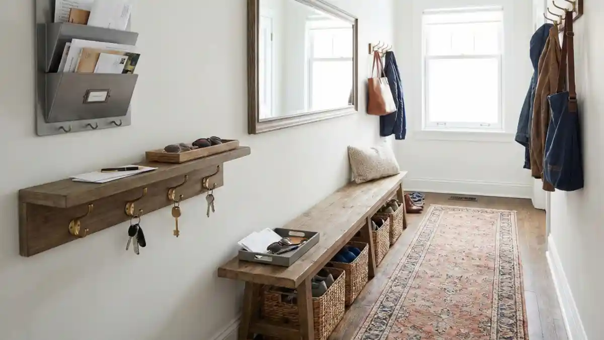 Rustic Wood and Industrial Metal Hallway – Efficient Drop Zone for Tight Spaces