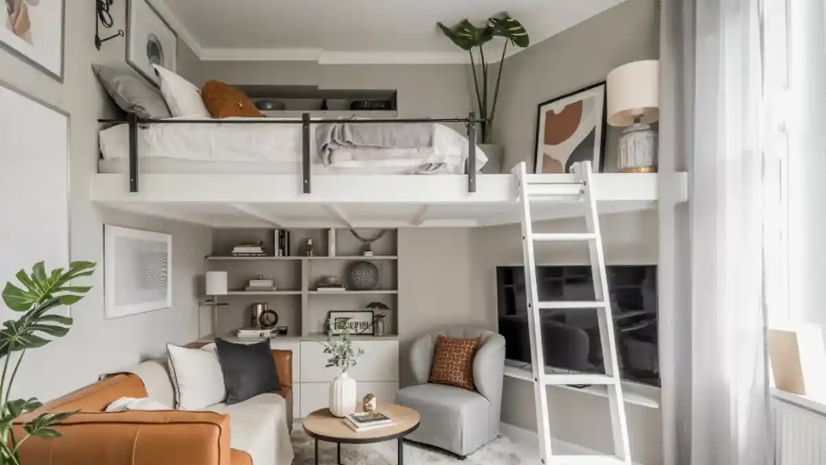 Scandi-Chic White & Tan Loft Lounge – Floating Sleep Solutions for Airy Interiors