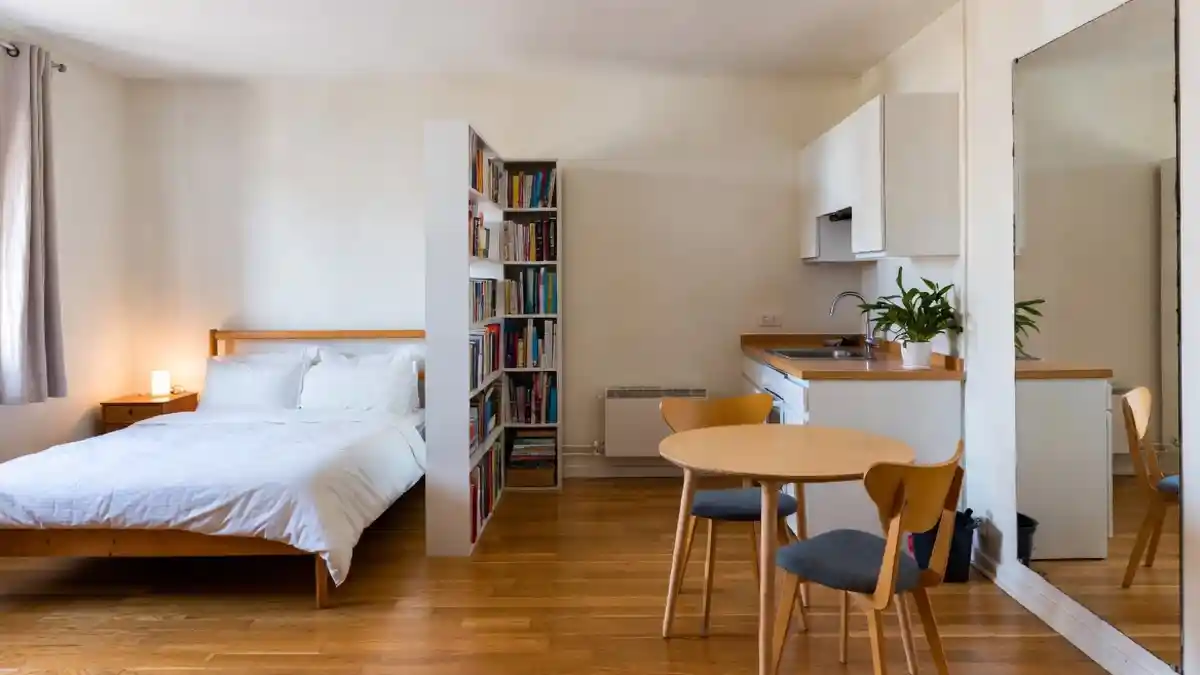 Scandi White and Wood Bookshelf Partition - Creating Privacy in Open-Plan Living