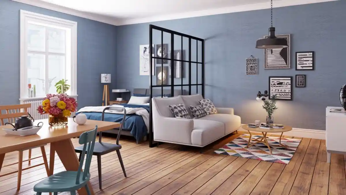 Scandinavian Blue & Industrial Glass Studio - Zoning with Transparent Elegance