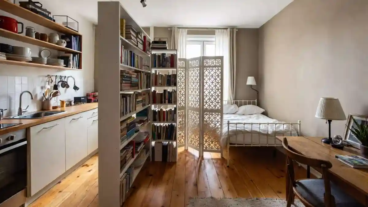 Scandinavian White Bookshelf and Lattice Layering – Studio Apartment Divider for Storage and Privacy