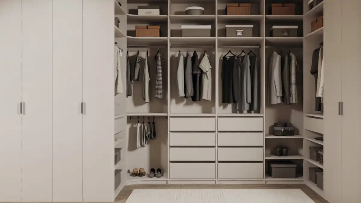 Serene Taupe Minimalist Retreat – Streamlined Storage for a Distraction-Free Cloffice