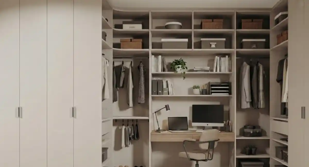 Serene Taupe Minimalist Retreat – Streamlined Storage for a Distraction-Free Cloffice