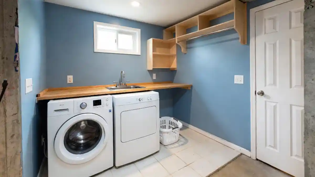 Slate Blue Serenity with Butcher Block Warmth – A Semi-Industrial Laundry Escape