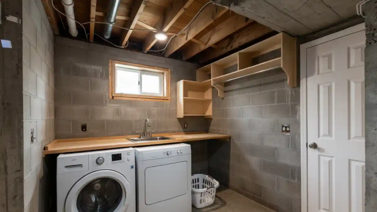 Slate Blue Serenity with Butcher Block Warmth – A Semi-Industrial Laundry Escape