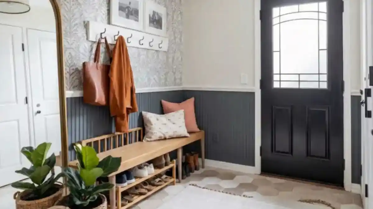 Slate Blue and Botanical Beadboard Entryway – Adding Character to Compact Drop Zones