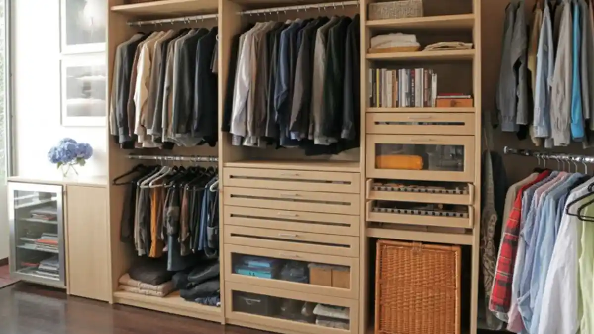 Sleek Maple & Glass Organization – Merging Wardrobe and Workspace Storage Seamlessly